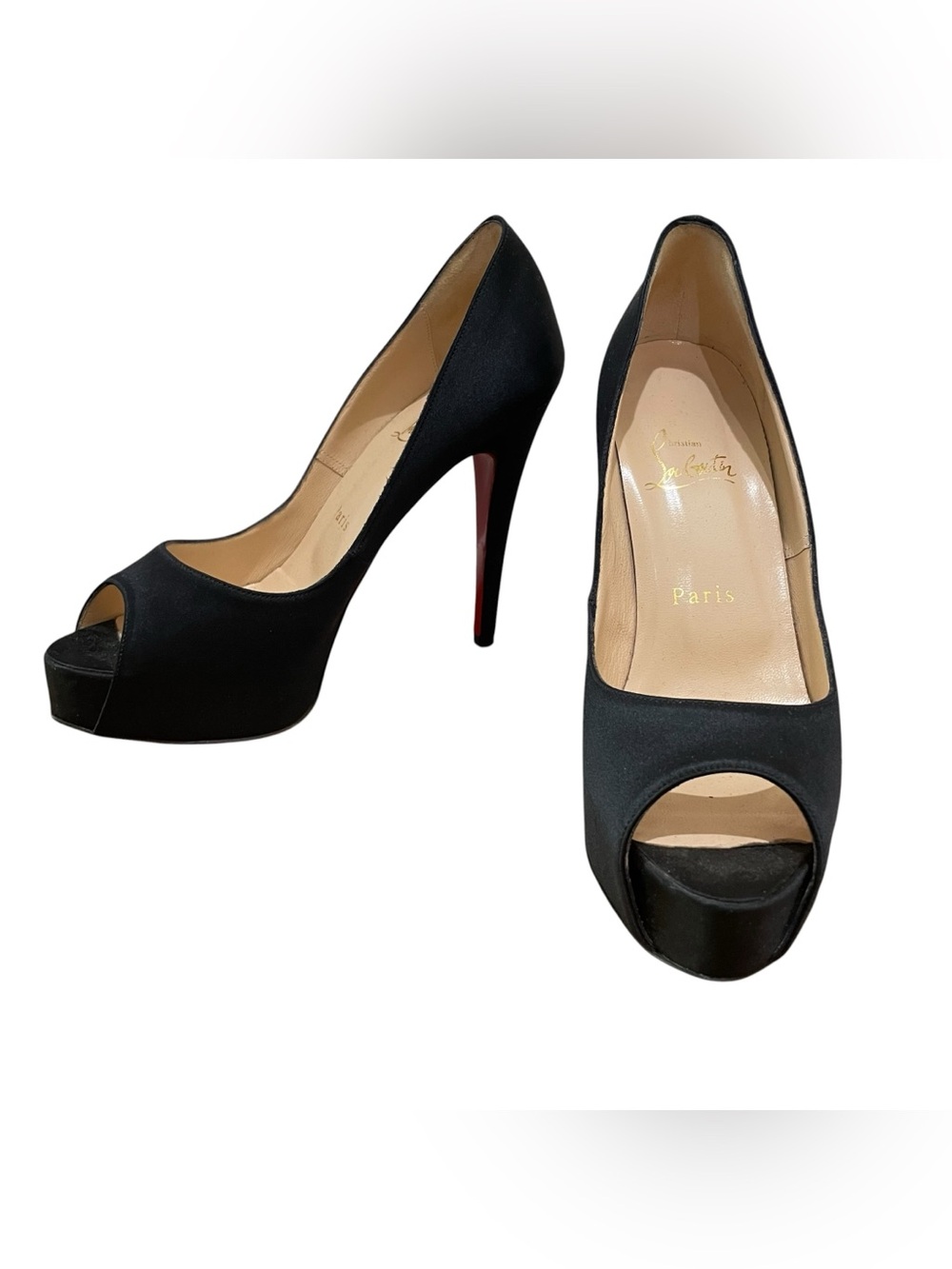 Christian Louboutin Very Prive Black Satin Peep Toe Platform Heels Women 37.5